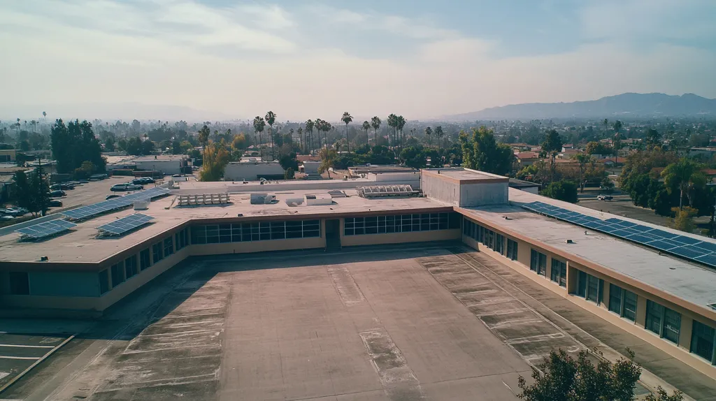 A commercial roof on a school in a location similar to Los Angeles with a Polaroid aesthetic (AI image)