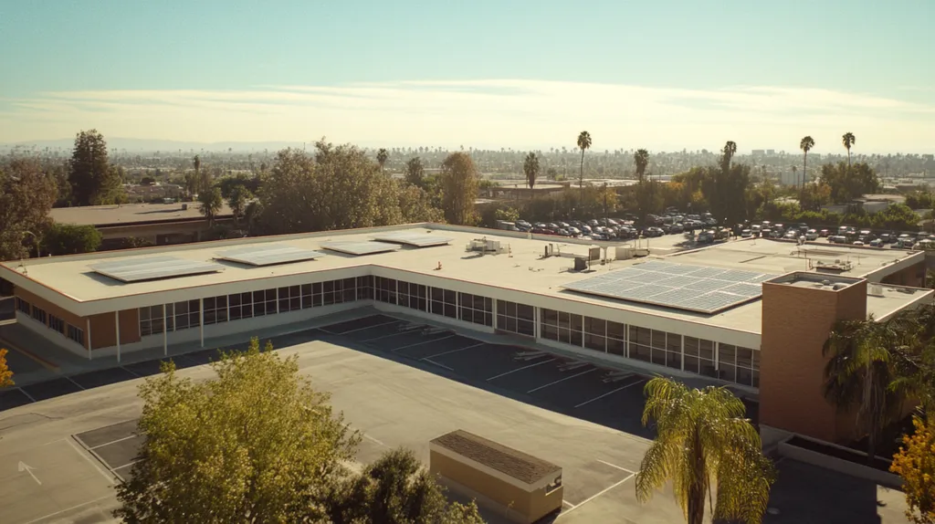 A commercial roof on a school in a location similar to Los Angeles with a Polaroid aesthetic (AI image)