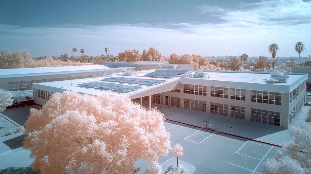 A commercial roof on a school in a location similar to Los Angeles with an infrared photography aesthetic (AI image)