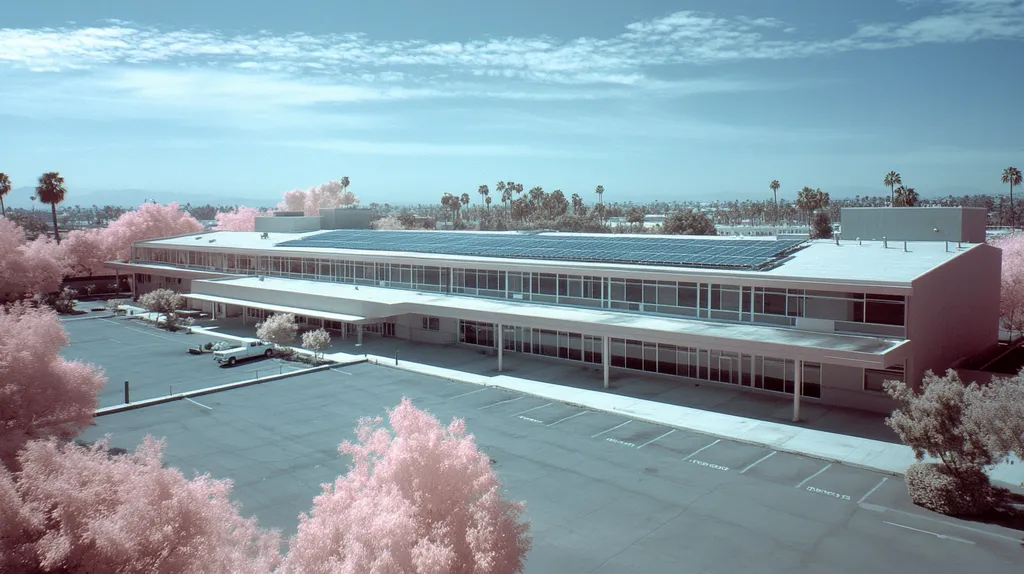 A commercial roof on a school in a location similar to Los Angeles with an infrared photography aesthetic (AI image)