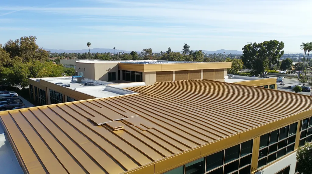 A commercial roof on a school in a location similar to Los Angeles with a solid gold aesthetic (AI image)