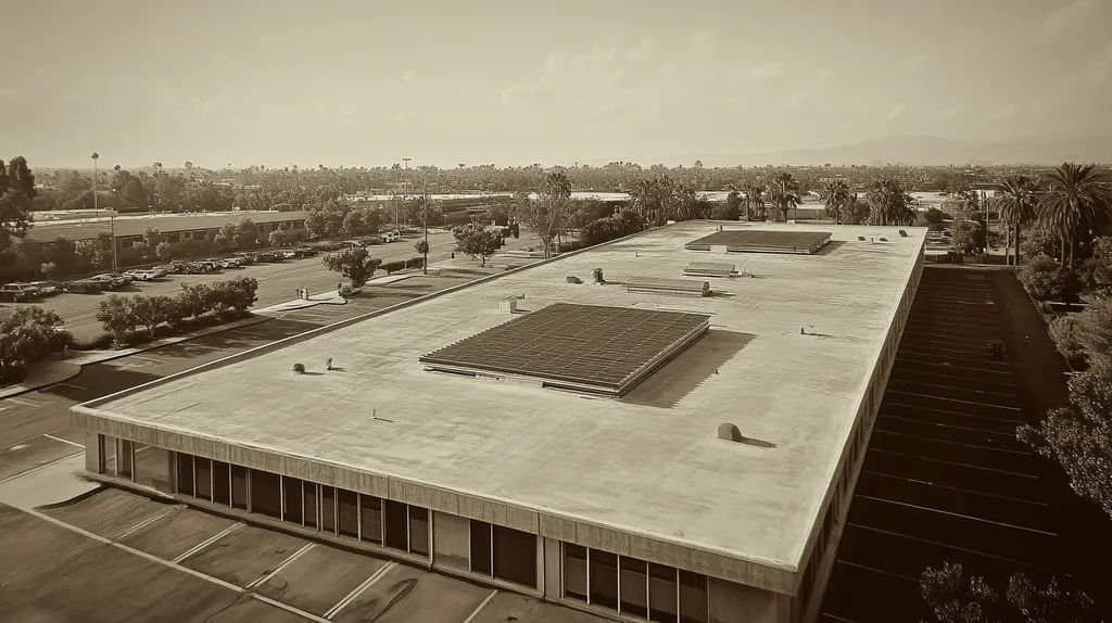 A commercial roof on a school in a location similar to Los Angeles with a tintype aesthetic (AI image)