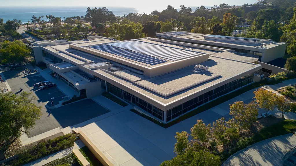 A commercial roof on a school in a location similar to Malibu with a color highlight aesthetic (AI image)