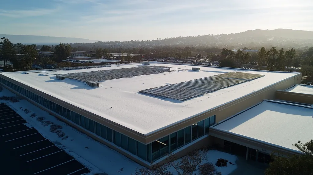 A commercial roof on a school in a location similar to Malibu with a snowy day aesthetic (AI image)