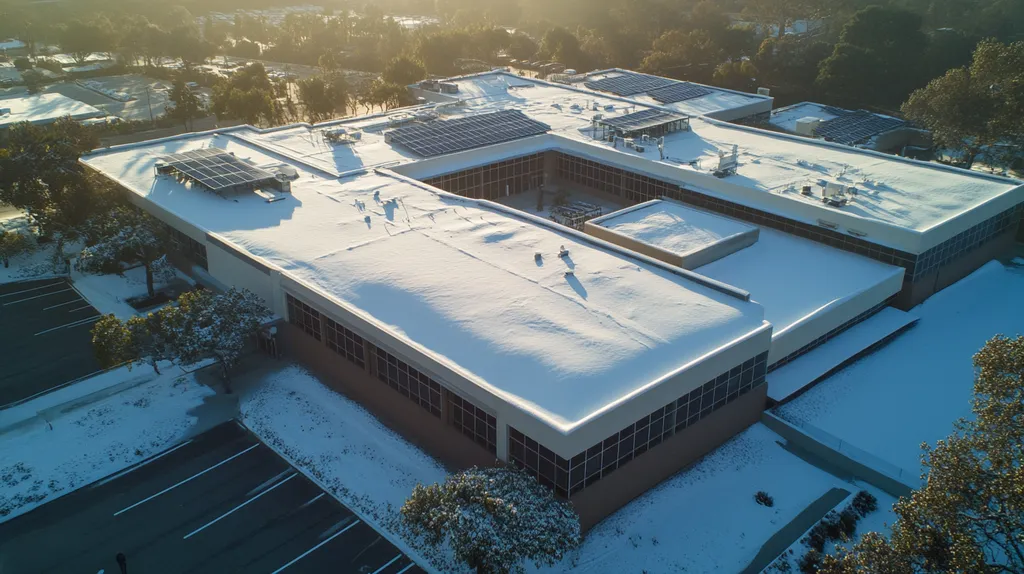 A commercial roof on a school in a location similar to Malibu with a snowy day aesthetic (AI image)