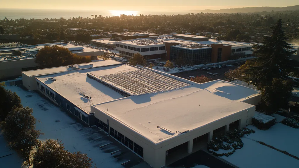 A commercial roof on a school in a location similar to Malibu with a snowy day aesthetic (AI image)