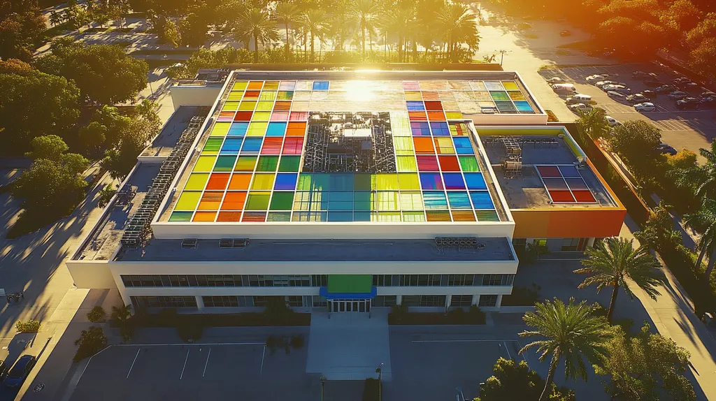 A commercial roof on a school in a location similar to Miami with a stained glass style aesthetic (AI image)