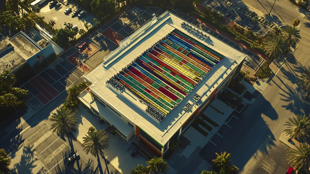 A commercial roof on a school in a location similar to Miami with a stained glass style aesthetic (AI image)