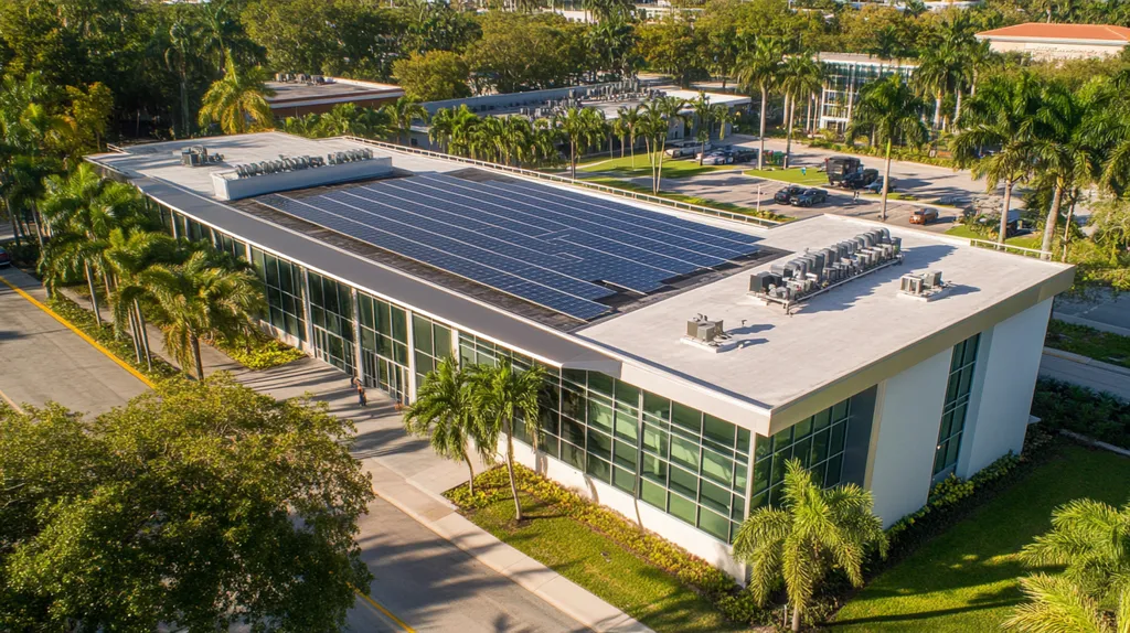 A commercial roof on a school in a location similar to Miami with a stainless steel aesthetic (AI image)