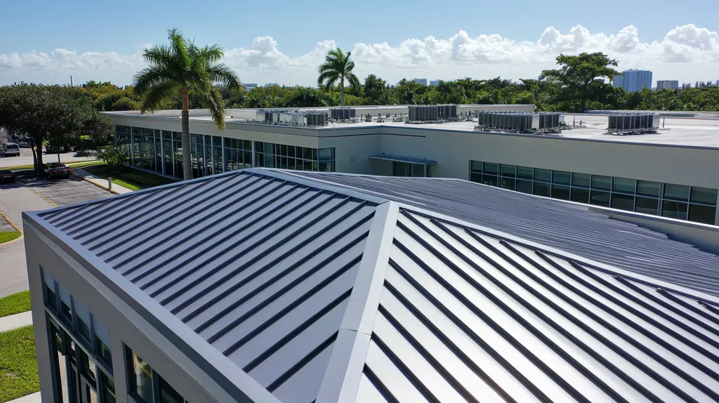 A commercial roof on a school in a location similar to Miami with a stainless steel aesthetic (AI image)