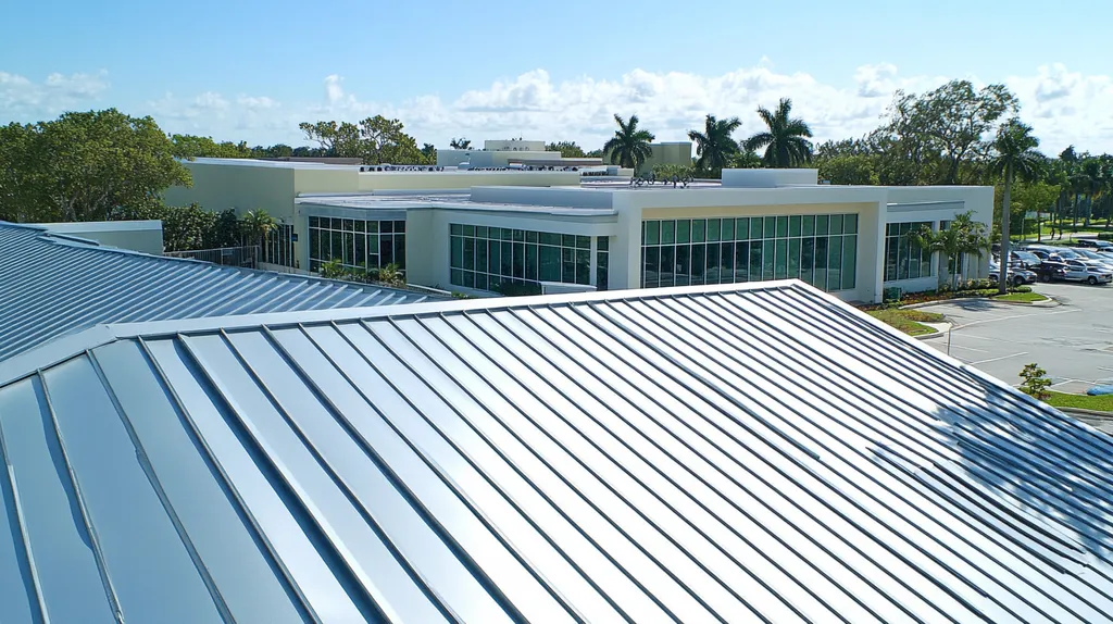 A commercial roof on a school in a location similar to Miami with a stainless steel aesthetic (AI image)