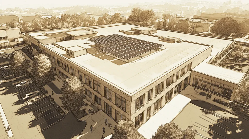 A commercial roof on a school in a location similar to Nashville with an architectural sketch rendering aesthetic (AI image)