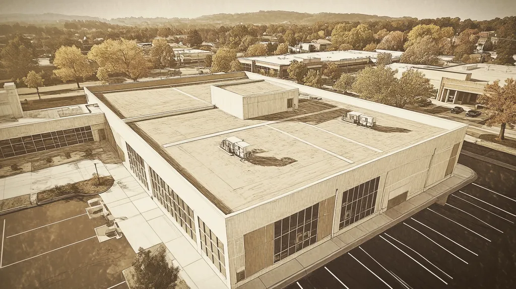 A commercial roof on a school in a location similar to Nashville with an architectural sketch rendering aesthetic (AI image)