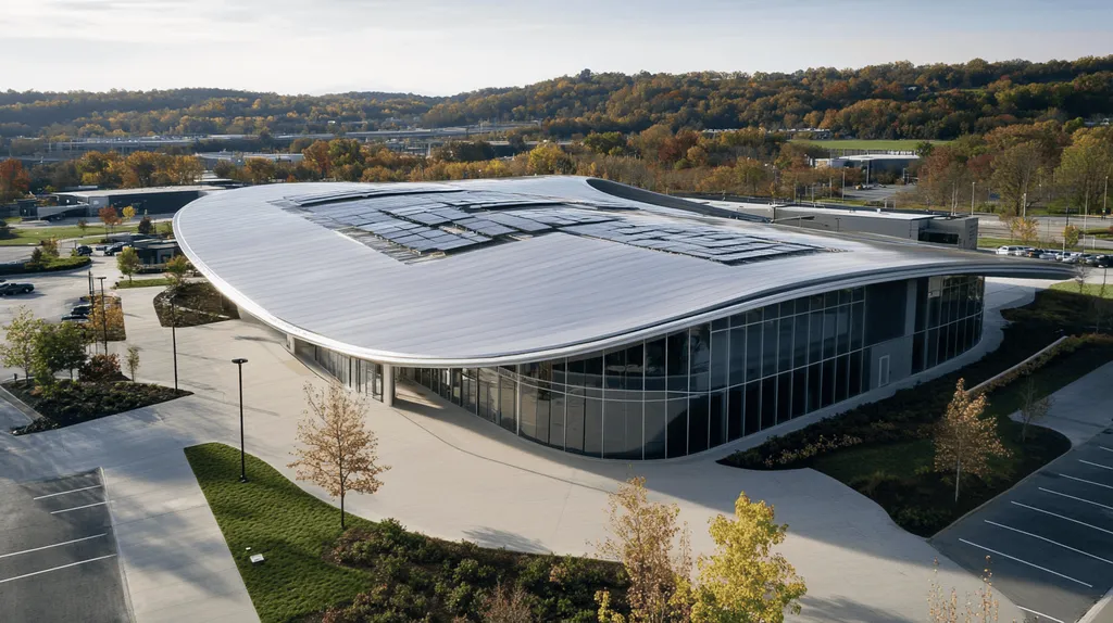 A commercial roof on a school in a location similar to Nashville with a futuristic aesthetic (AI image)