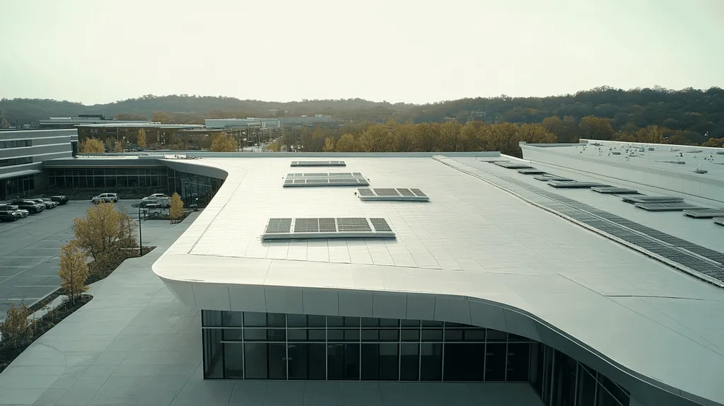 A commercial roof on a school in a location similar to Nashville with a futuristic aesthetic (AI image)
