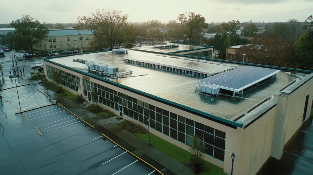 A commercial roof on a school in a location similar to New Orleans with a rainy day aesthetic (AI image)
