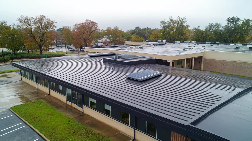 A commercial roof on a school in a location similar to New Orleans with a rainy day aesthetic (AI image)