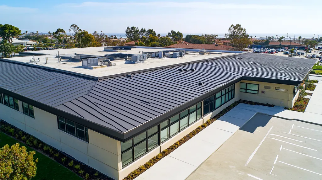 A commercial roof on a school in a location similar to Newport Beach with a charcoal sketch aesthetic (AI image)