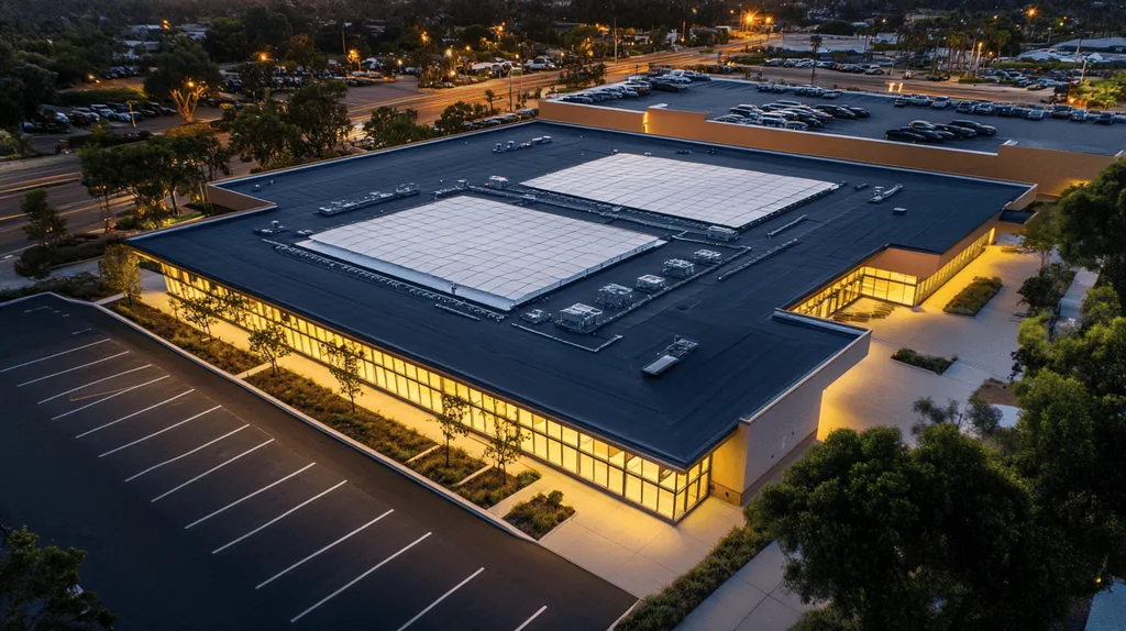 A commercial roof on a school in a location similar to Newport Beach with an illuminated nightscape aesthetic (AI image)