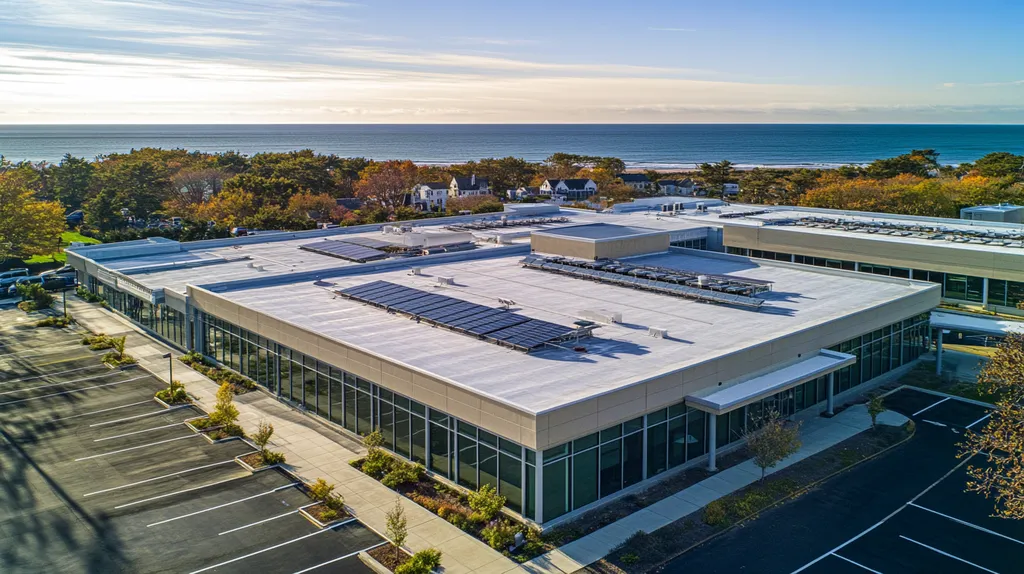 A commercial roof on a school in a location similar to Newport, Rhode Island with an architectural photography aesthetic (AI image)