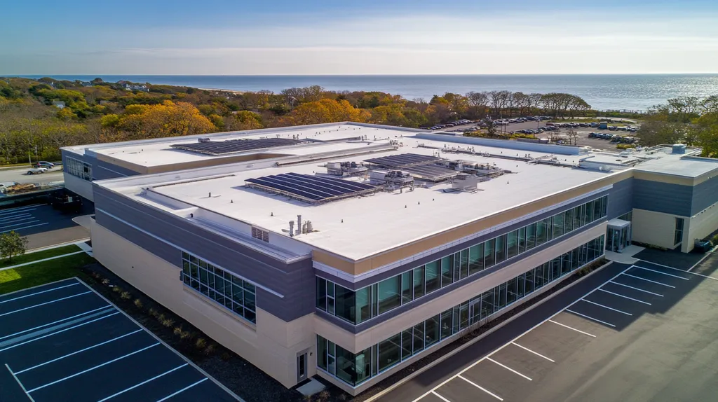 A commercial roof on a school in a location similar to Newport, Rhode Island with an architectural photography aesthetic (AI image)
