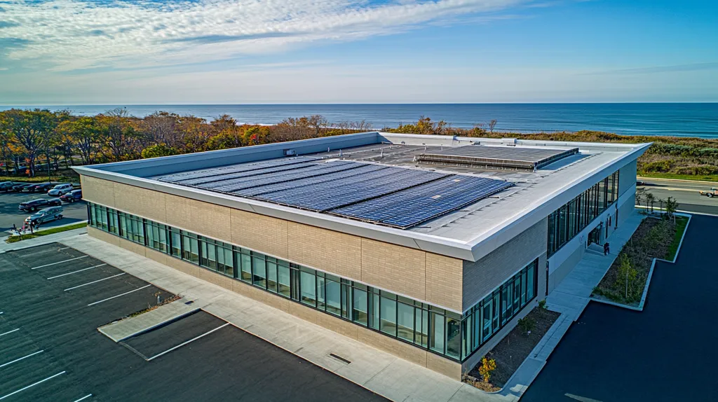 A commercial roof on a school in a location similar to Newport, Rhode Island with an architectural photography aesthetic (AI image)