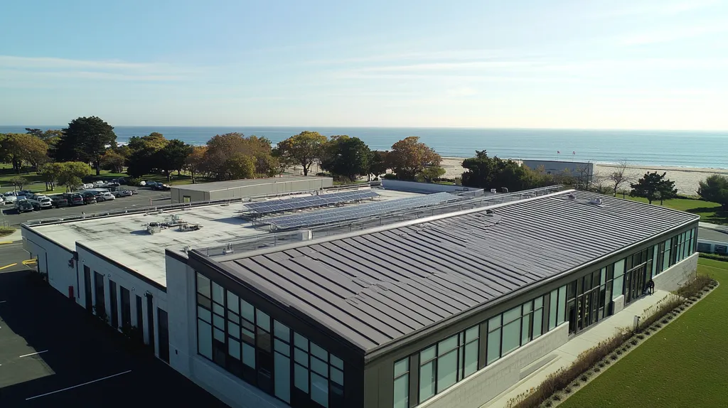 A commercial roof on a school in a location similar to Newport, Rhode Island with a comic book style aesthetic (AI image)