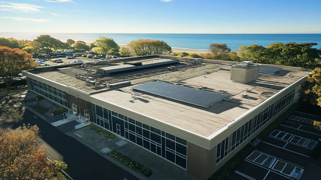 A commercial roof on a school in a location similar to Newport, Rhode Island with a comic book style aesthetic (AI image)