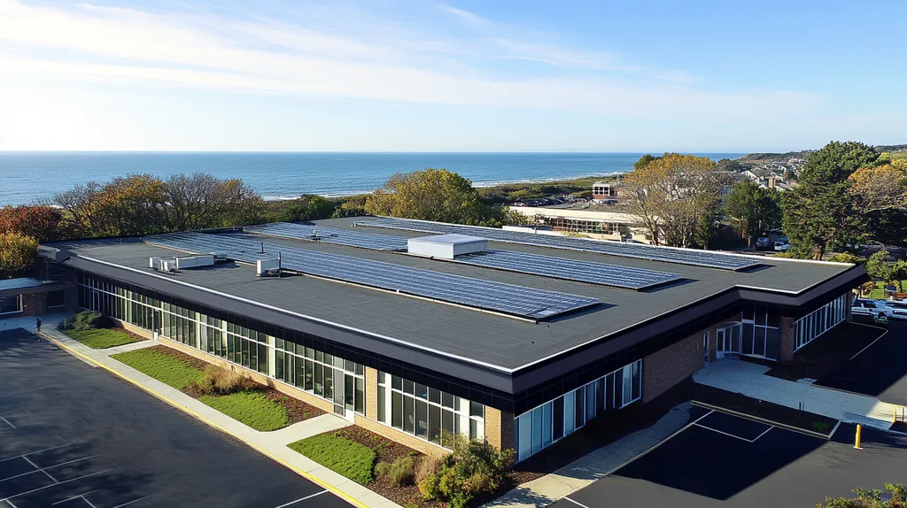 A commercial roof on a school in a location similar to Newport, Rhode Island with a comic book style aesthetic (AI image)