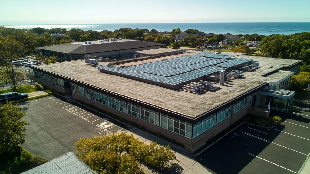 A commercial roof on a school in a location similar to Newport, Rhode Island with a comic book style aesthetic (AI image)