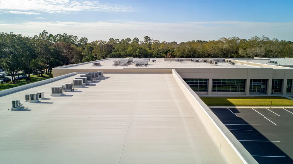 A commercial roof on a school in a location similar to Orlando with an architectural photography aesthetic (AI image)