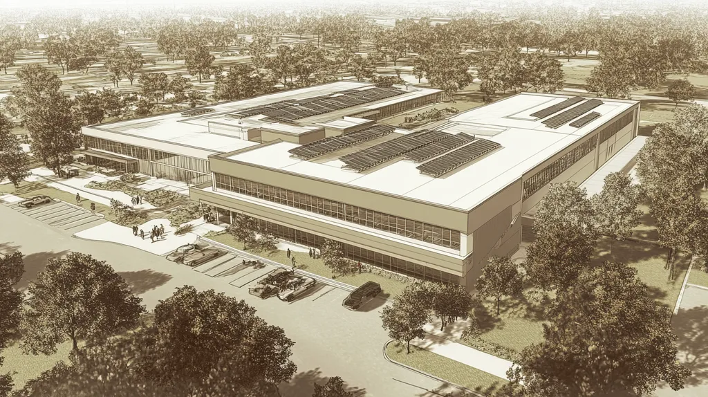 A commercial roof on a school in a location similar to Orlando with an architectural sketch rendering aesthetic (AI image)
