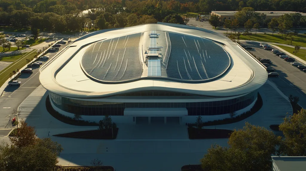 A commercial roof on a school in a location similar to Orlando with a futuristic aesthetic (AI image)