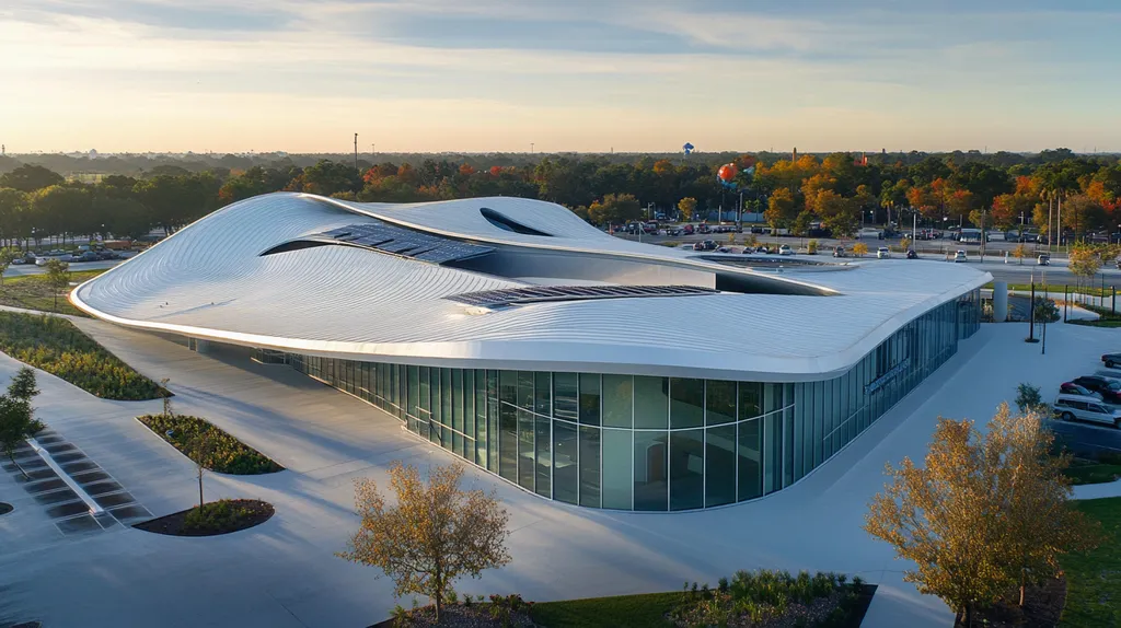A commercial roof on a school in a location similar to Orlando with a futuristic aesthetic (AI image)
