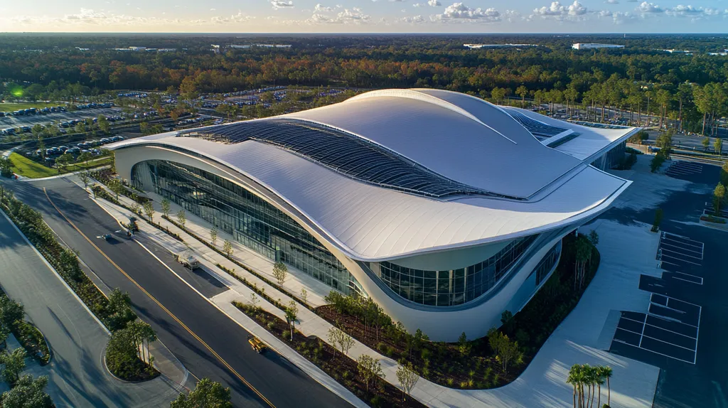 A commercial roof on a school in a location similar to Orlando with a futuristic aesthetic (AI image)