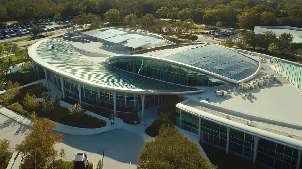 A commercial roof on a school in a location similar to Orlando with a futuristic aesthetic (AI image)
