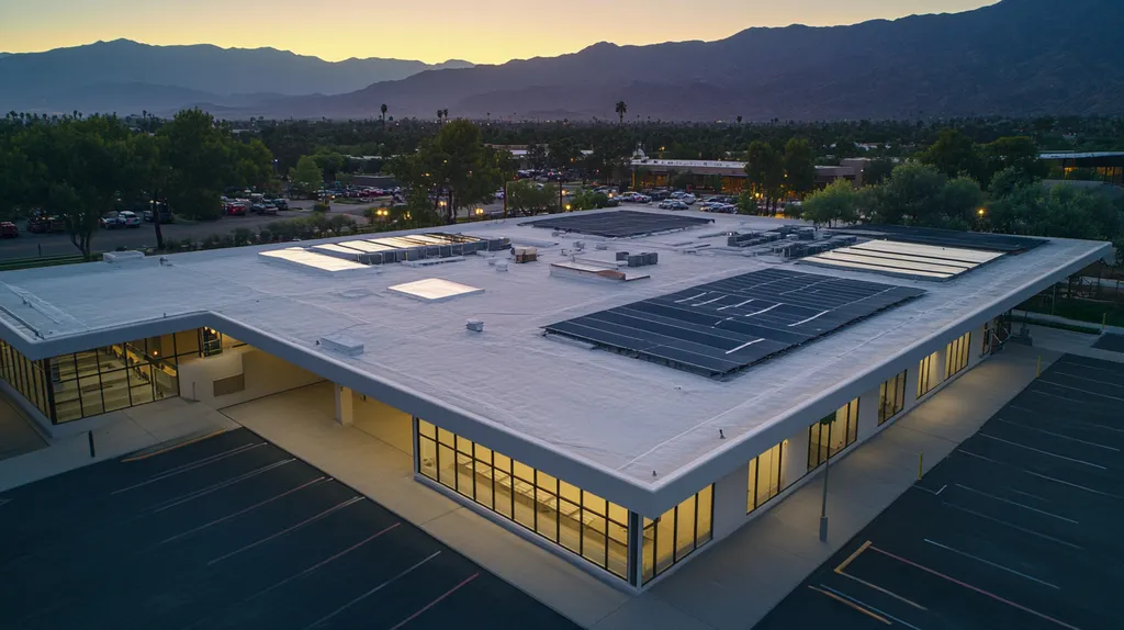 A commercial roof on a school in a location similar to Palm Springs with an illuminated nightscape aesthetic (AI image)