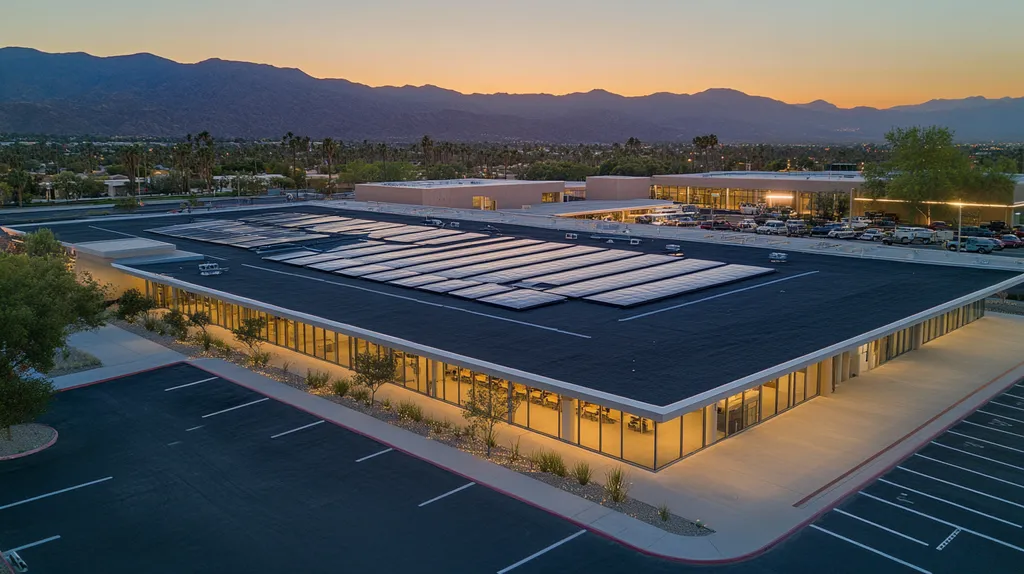 A commercial roof on a school in a location similar to Palm Springs with an illuminated nightscape aesthetic (AI image)