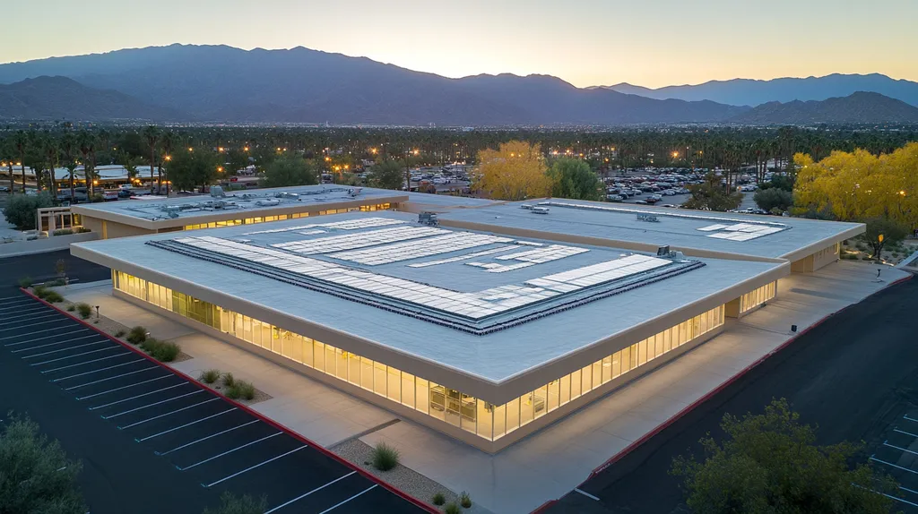 A commercial roof on a school in a location similar to Palm Springs with an illuminated nightscape aesthetic (AI image)