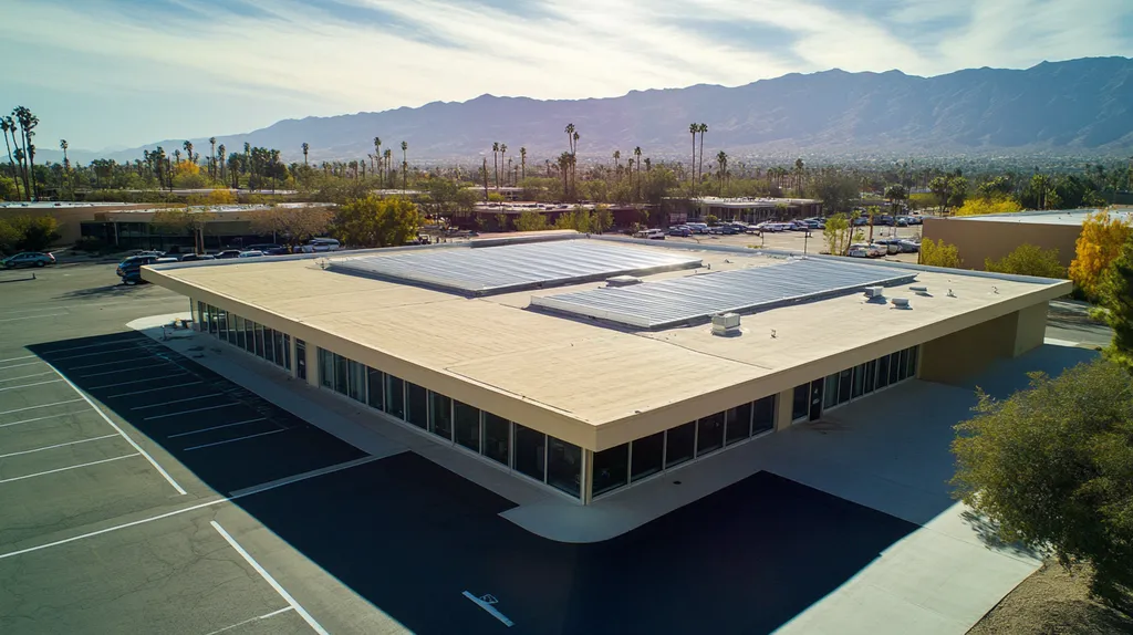 A commercial roof on a school in a location similar to Palm Springs with a light beams aesthetic (AI image)
