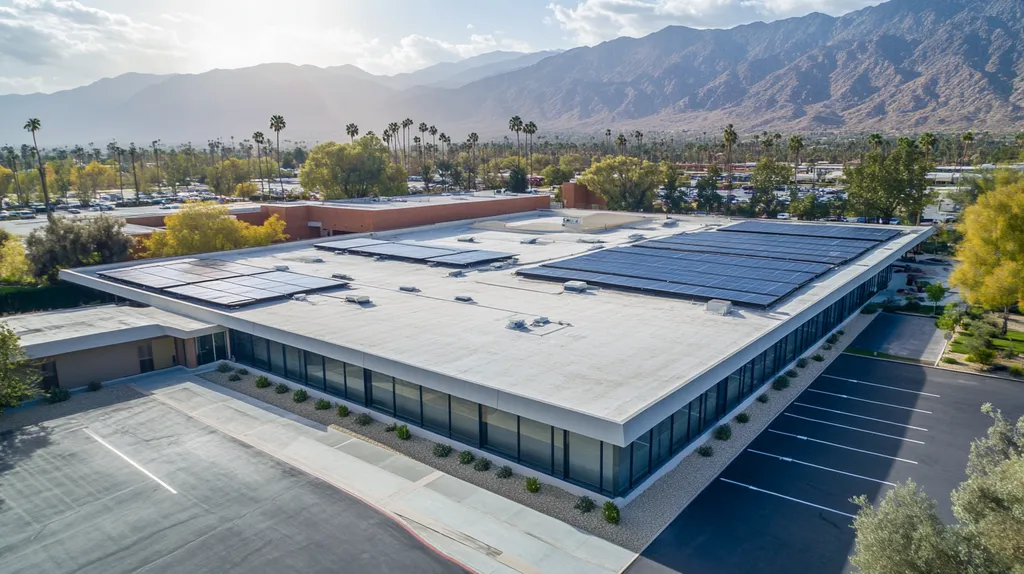 A commercial roof on a school in a location similar to Palm Springs with a light beams aesthetic (AI image)