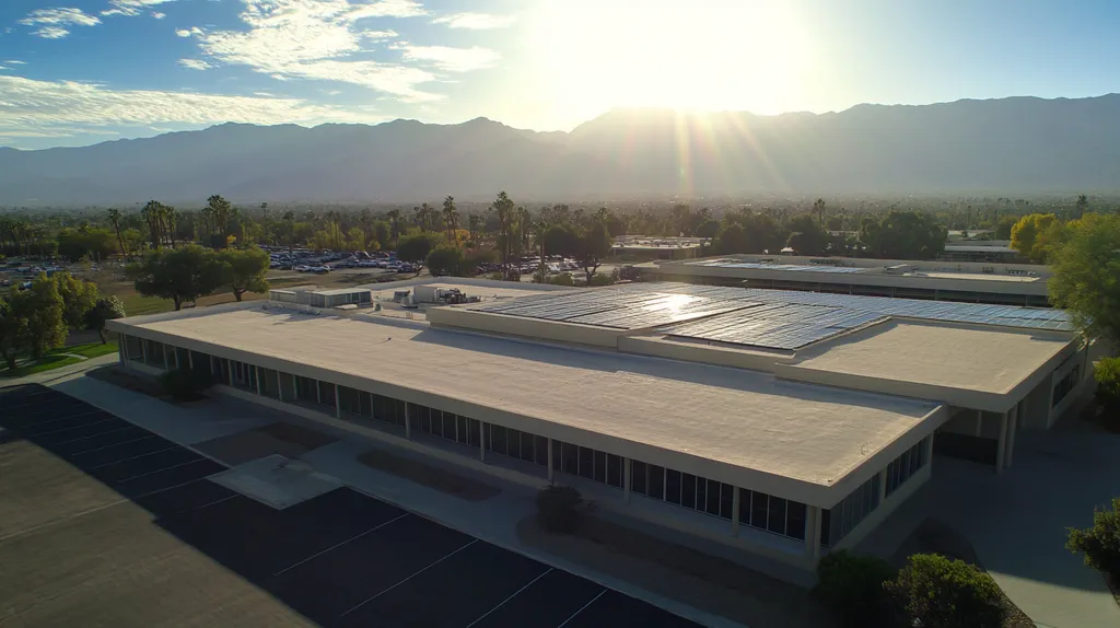 A commercial roof on a school in a location similar to Palm Springs with a light beams aesthetic (AI image)