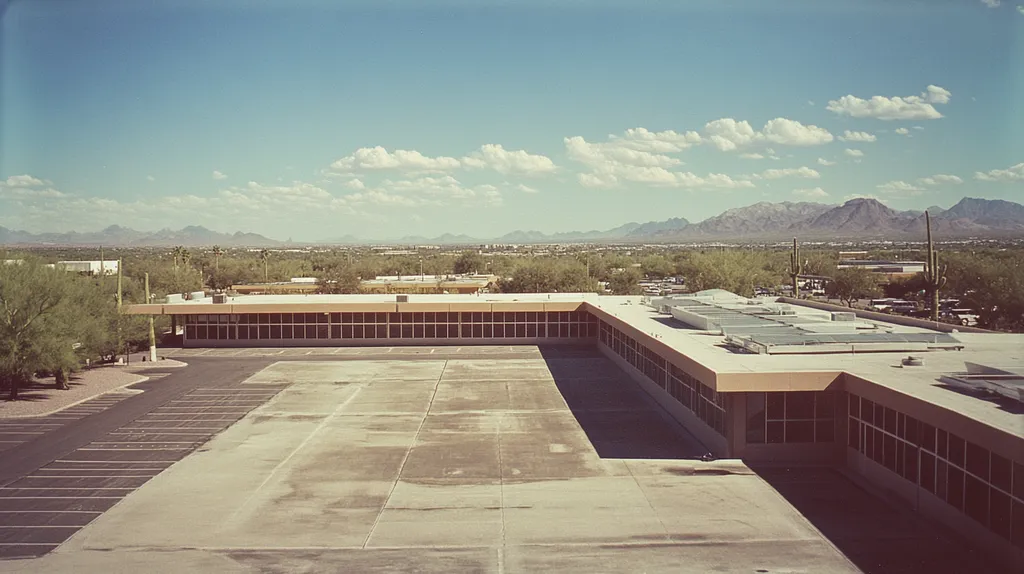 A commercial roof on a school in a location similar to Phoenix with a Polaroid aesthetic (AI image)
