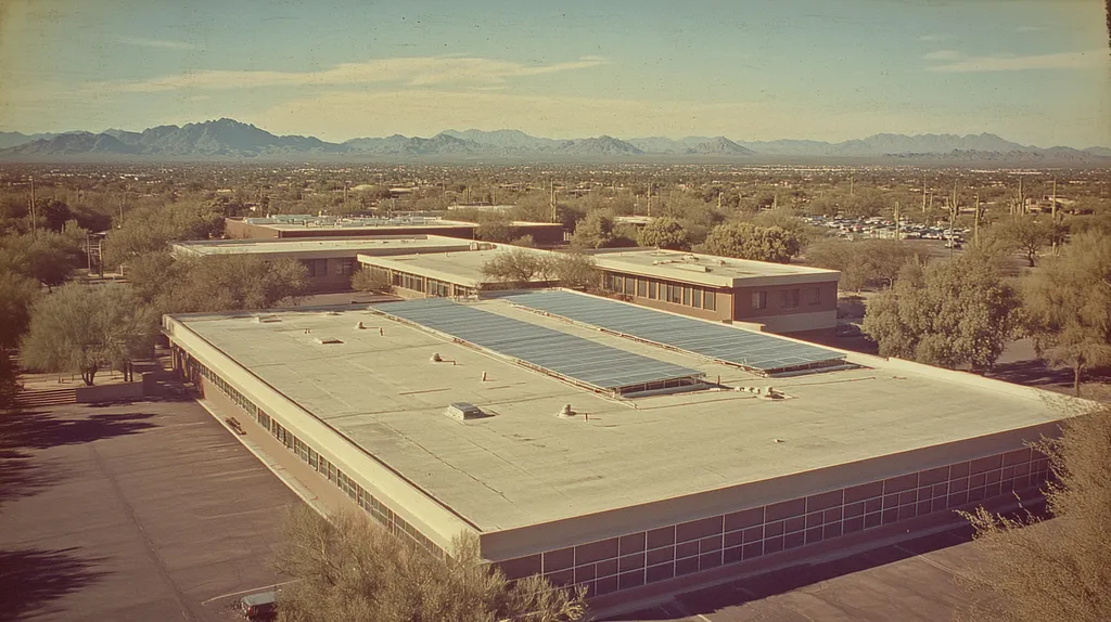 A commercial roof on a school in a location similar to Phoenix with a Polaroid aesthetic (AI image)
