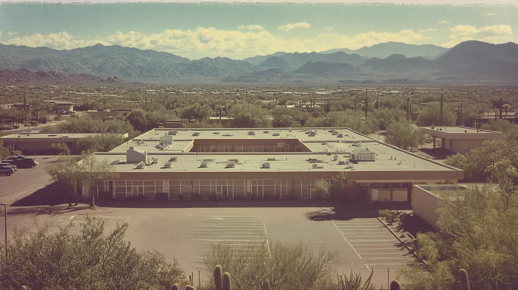 A commercial roof on a school in a location similar to Phoenix with a Polaroid aesthetic (AI image)