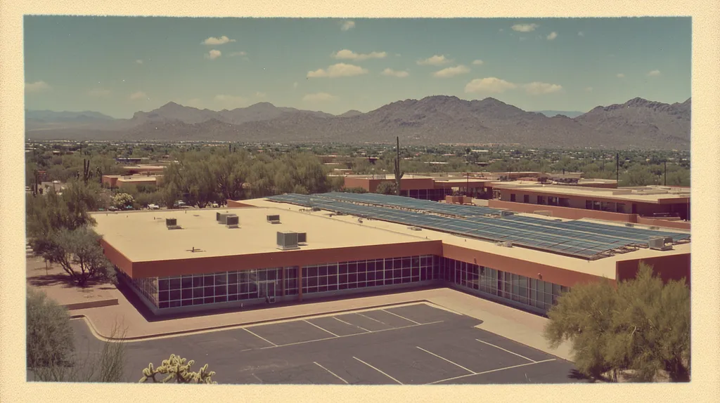 A commercial roof on a school in a location similar to Phoenix with a Polaroid aesthetic (AI image)