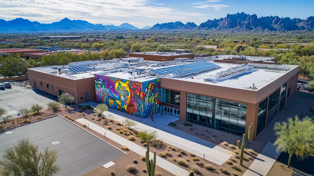 A commercial roof on a school in a location similar to Phoenix with a graffiti mural aesthetic (AI image)