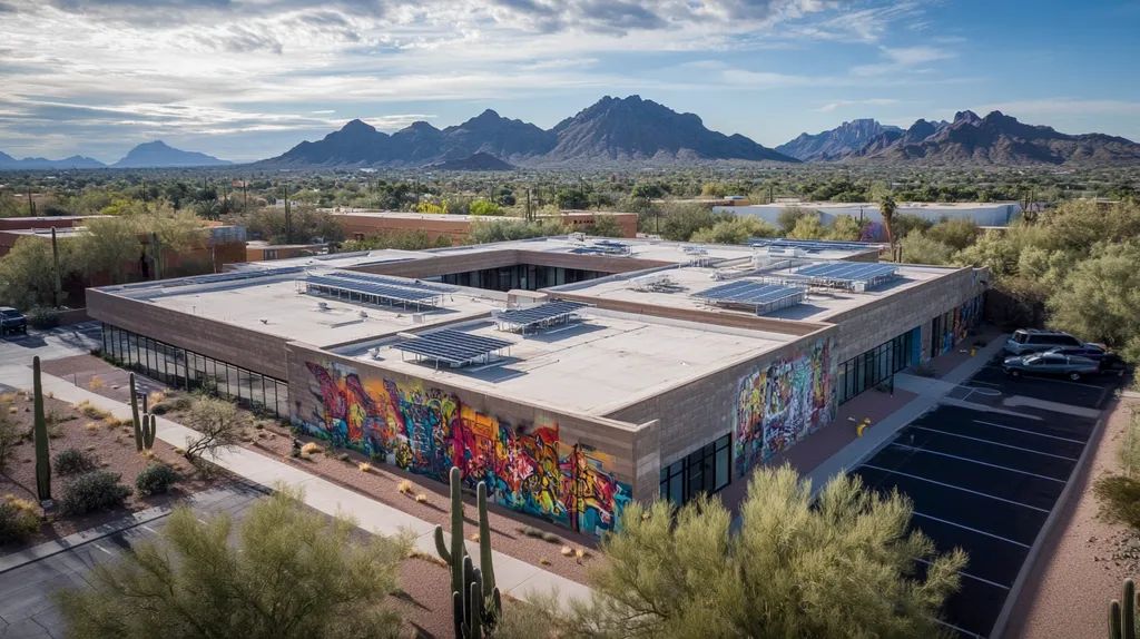 A commercial roof on a school in a location similar to Phoenix with a graffiti mural aesthetic (AI image)