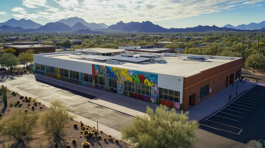 A commercial roof on a school in a location similar to Phoenix with a graffiti mural aesthetic (AI image)