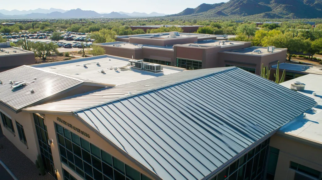 A commercial roof on a school in a location similar to Phoenix with an illuminated nightscape aesthetic (AI image)
